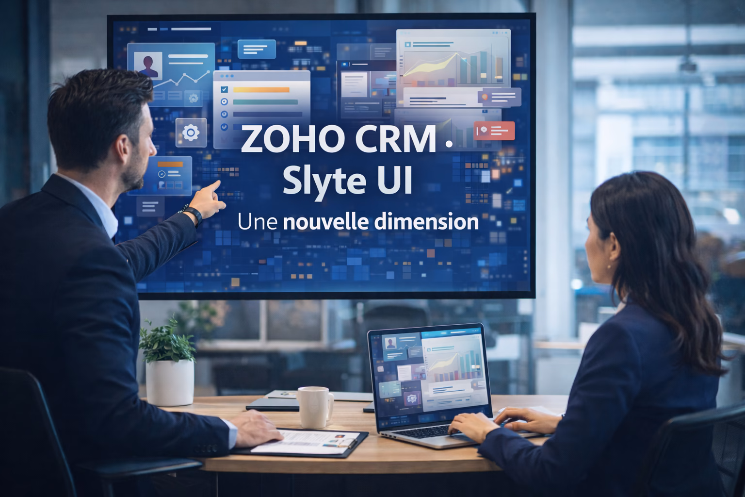 Présentation de Zoho CRM et Slyte UI en réunion sur grand écran
