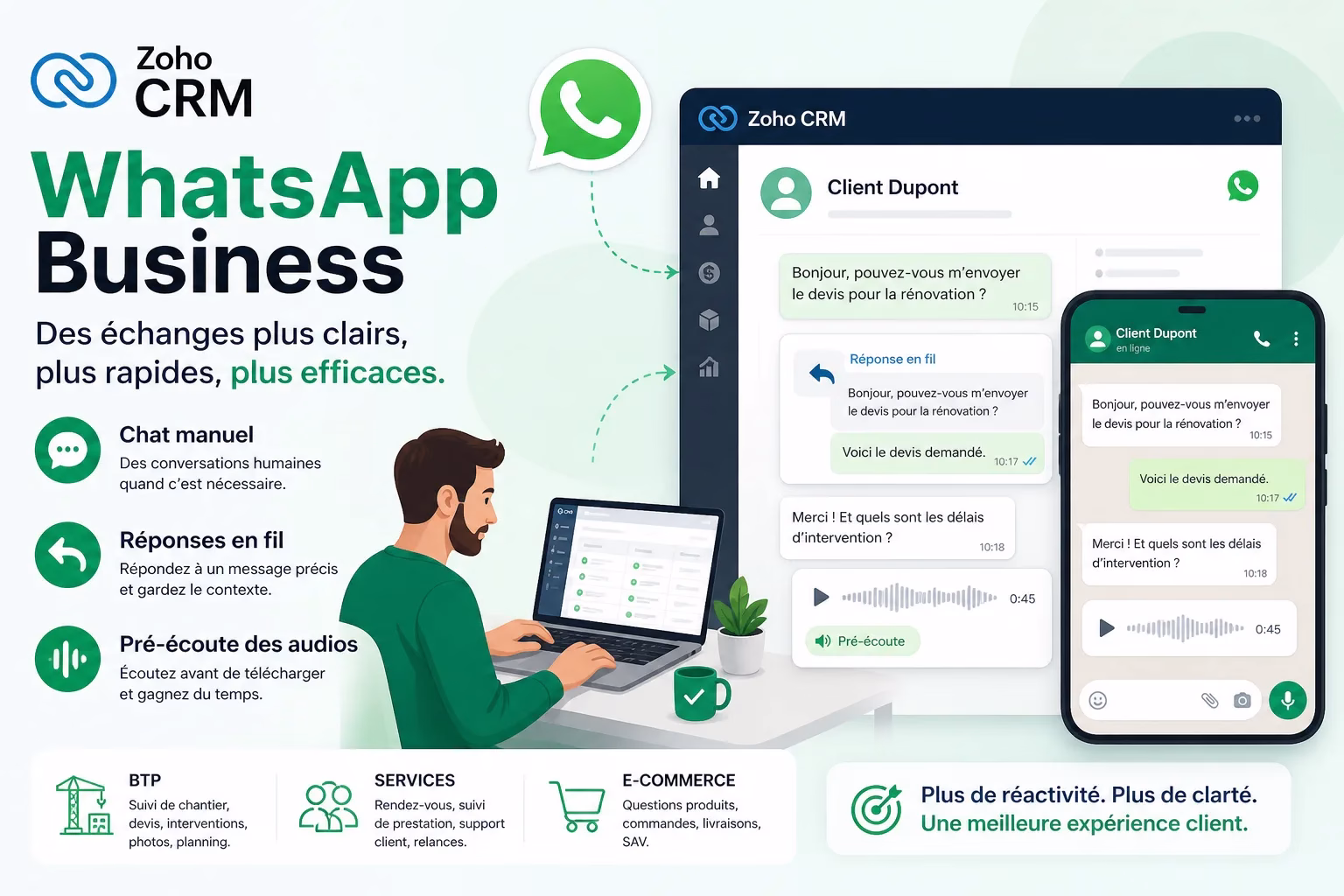 Illustration Zoho CRM WhatsApp Business avec chat manuel, réponses en fil et pré-écoute audio