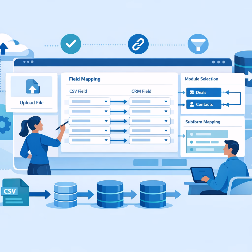 Illustration de la refonte de l import Zoho CRM avec migration de données, mapping et modules liés pour une PME.